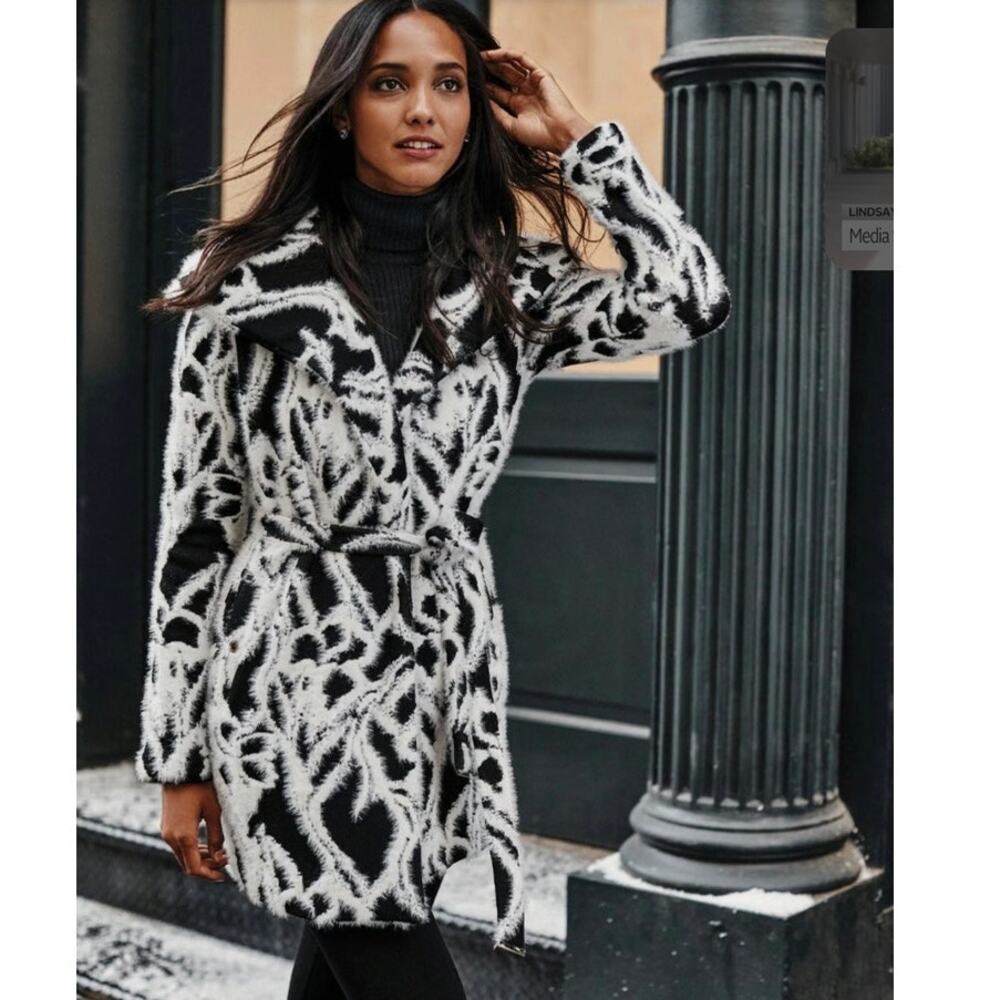 White House Black Market Iris Sweater Coat XL Black White Belted Heavy Luxury - Picture 2 of 16